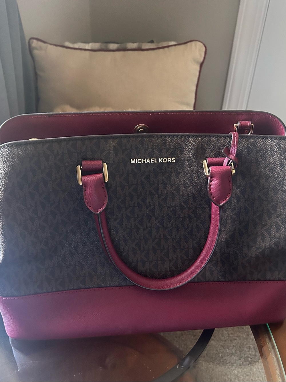 Michael Kors Brown MK Logo Satchel with Burgundy Accents